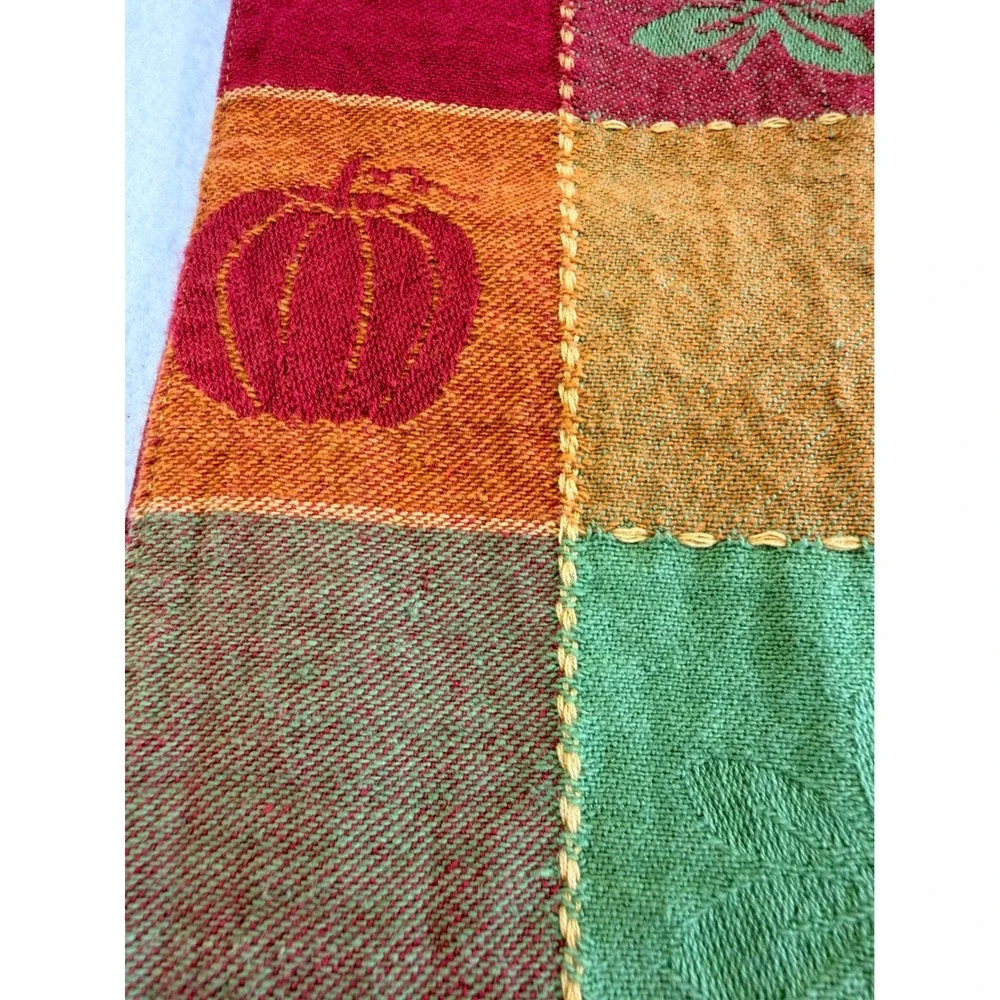 Autumn Patchwork Pumpkin Leaf Woven Table Runner Red Orange Green 13x70